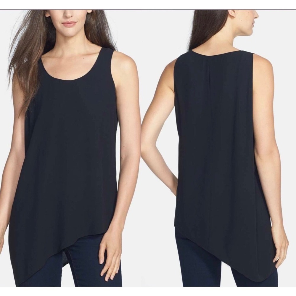 Eileen Fisher Black Asymmetric Hem Tank Top Viscose Lycra Scoop Neck Small